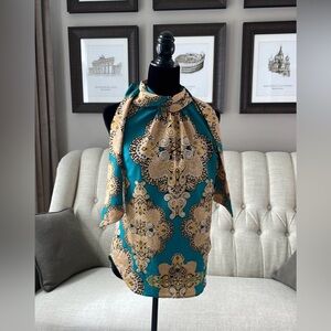 New York & Co Teal & Gold Tie Blouse